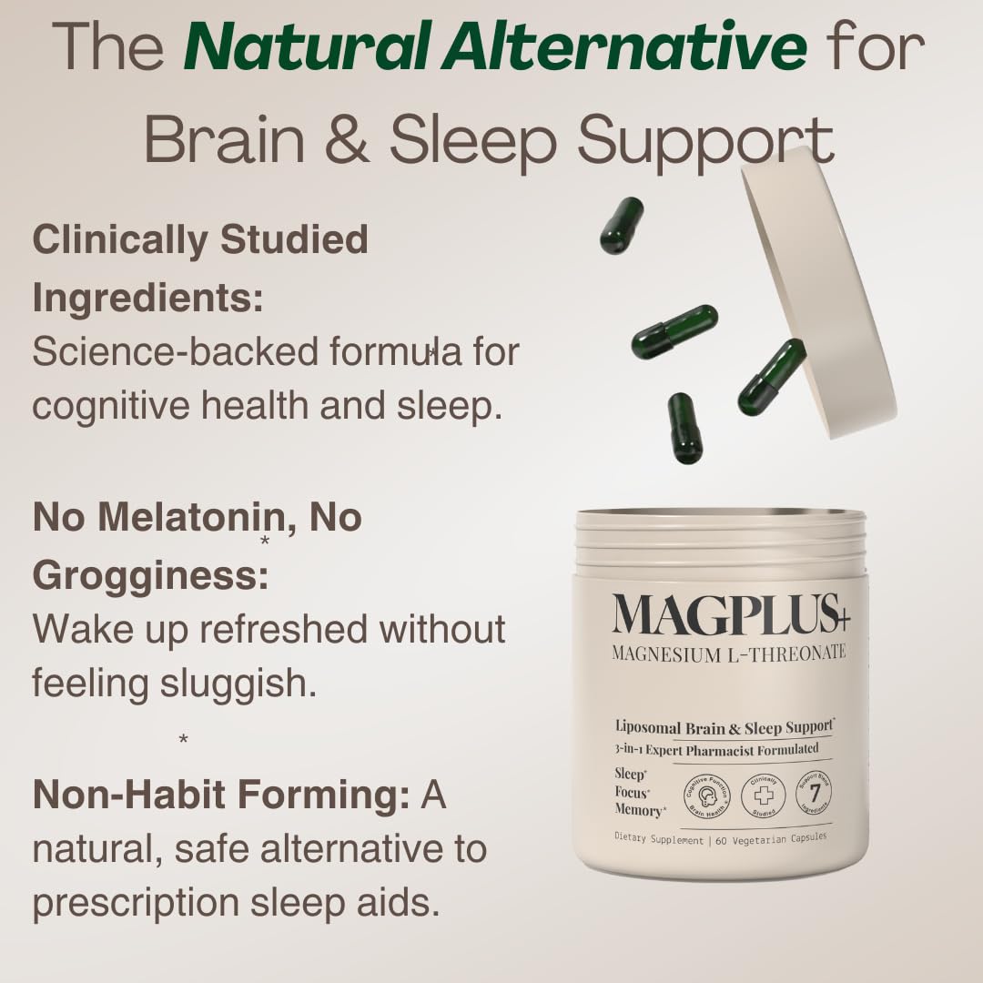 MAGPLUS+ Magnesium L-Threonate w Apigenin & L Theanine | 7-Ingredient Sleep Blend | Brain, Memory, & Sleep Support | Liposomal Magnesium Threonate Supplement (60 Capsules) Plus+UltraAu supplements