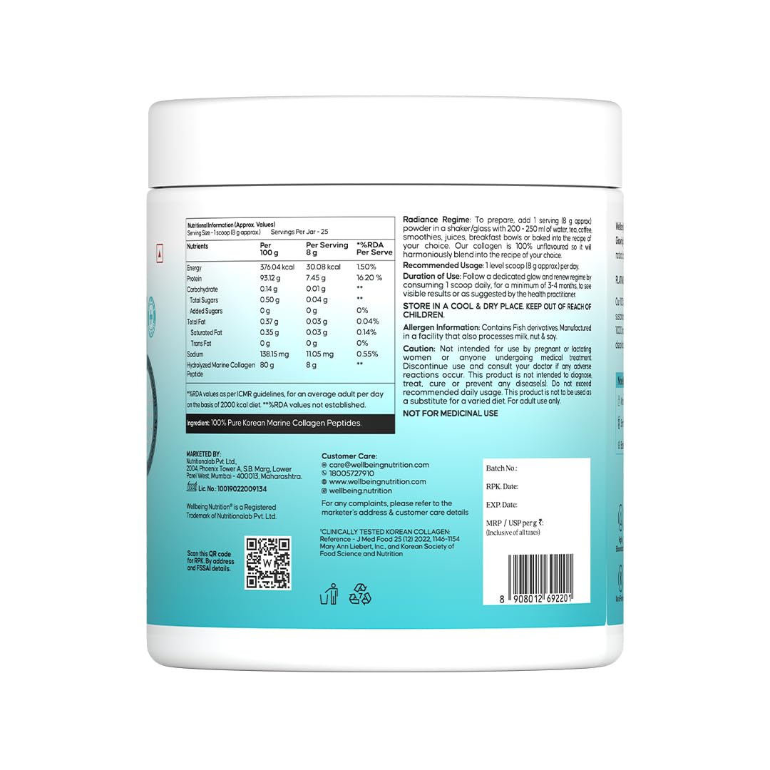 WELLBEING NUTRITION Pure Korean Marine Collagen Supplements for Women & Men, 200g | Hydrolyzed Collagen Powder and Amino Acids | Supports Healthy Skin, Hair, Nails, Bone & Joint | Unflavored WELLBEING NUTRITIONAu supplements