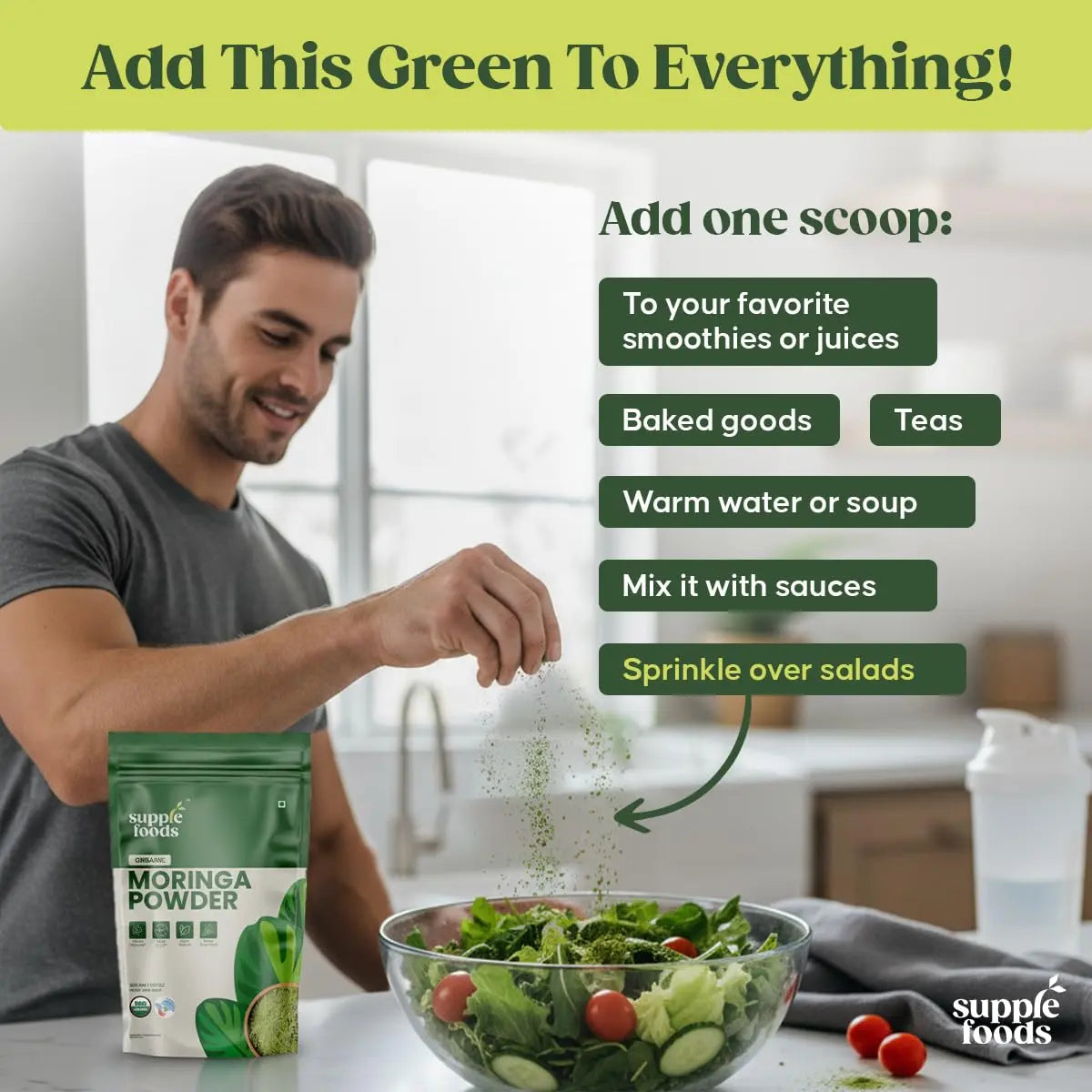 supplefoods Organic Moringa Powder 200 g / 7.05 oz | 100% Natural Green Superfood | Assists Digestion & Daily Detox | Finely Milled Moringa Leaf Powder | USDA Certified Organic Dietary Supplement supplefoodsnz supplements