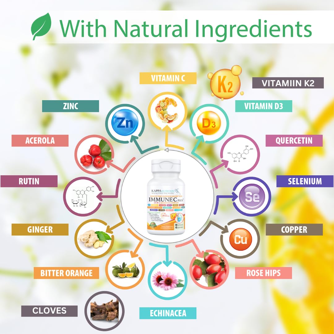 Quercetin 1,000mg, Vitamin C 1,000mg, Zinc 50mg, Vitamin D3 5,000iu, Selenium, Copper, Acerola, Ginger, Rutin, Bitter Orange, Rose Hips, Echinacea, Immune C Plus, 14 in 1 Immune C Plus (60 Count) KAPPA NUTRITIONAu supplements