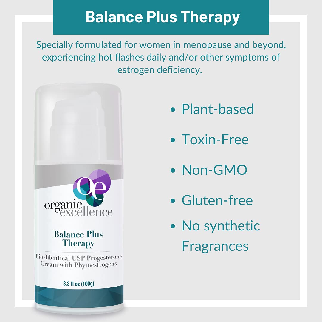 Organic Excellence Balance Plus Therapy - USP Bioidentical Organic Progesterone Cream for Women - with Phytoestrogens - for Menopause Relief and Natural Hormone Balance, 3.3 fl oz (100g) Organic ExcellenceAu supplements