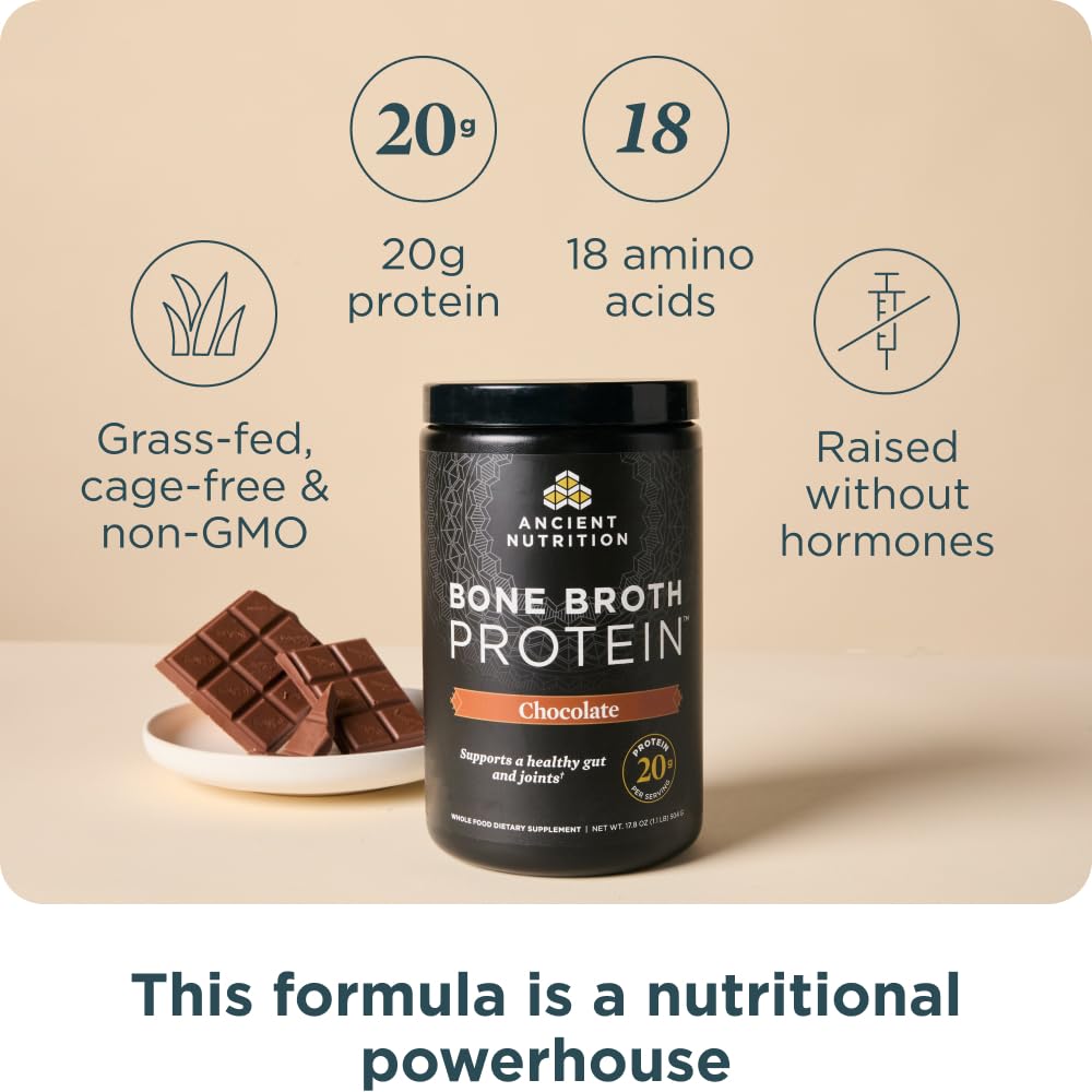 Ancient Nutrition Protein Powder Made from Real Bone Broth, Chocolate, 20g Protein Per Serving, 20 Serving Tub, Gluten Free Hydrolyzed Collagen Ancient NutritionUS supplements