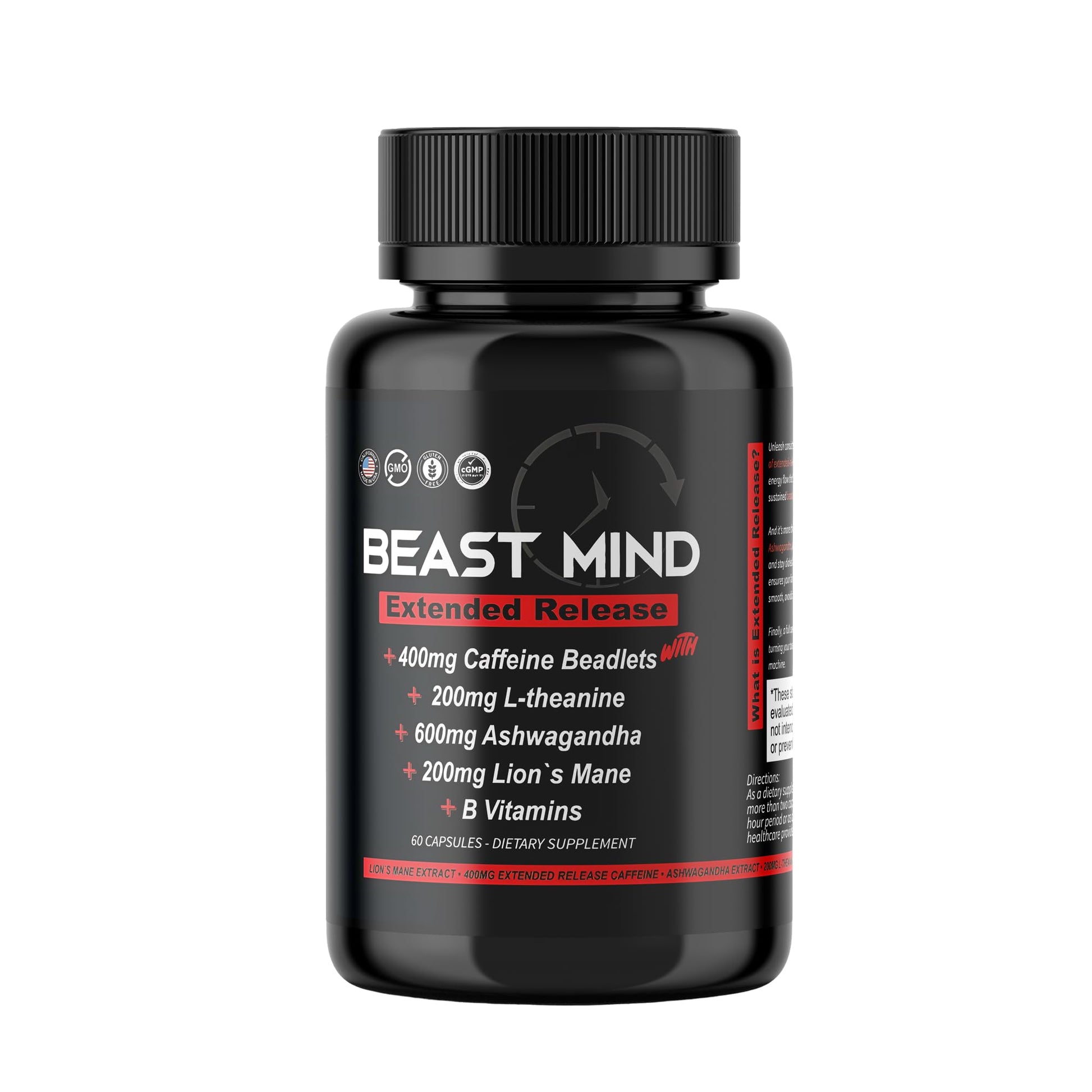 Beast Mind Extended Release Extreme Energy Pills | 400mg XR Caffeine | 600mg Ashwagandha | 200mg Lion's Mane, Increased Energy & Focus, Natural Nootropic Labs Beast MindAu supplements