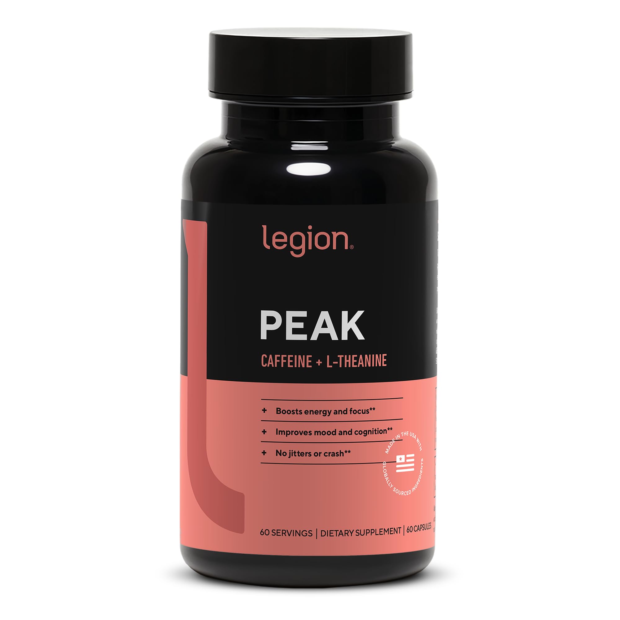 LEGION Peak Caffeine and L Theanine Pills - 200 mg Natural and Organic L Theanine Caffeine Supplement for Smooth Energy, Focus and Cognitive Performance - Vegan, Non GMO - 60 Servings LEGIONAu supplements