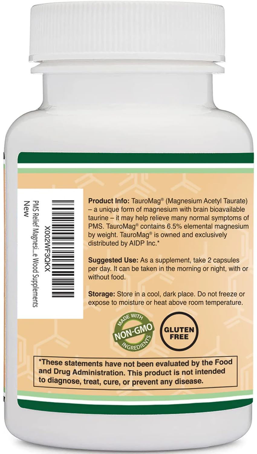 Magnesium Acetyl-Taurate (ATA MG, TauroMag) Novel and Patented Form of Magnesium for PMS and Cramp Relief (60 Capsules, 350mg) PMS Relief Magnesium Supplement by Double Wood Supplements Double Wood SupplementsAu supplements