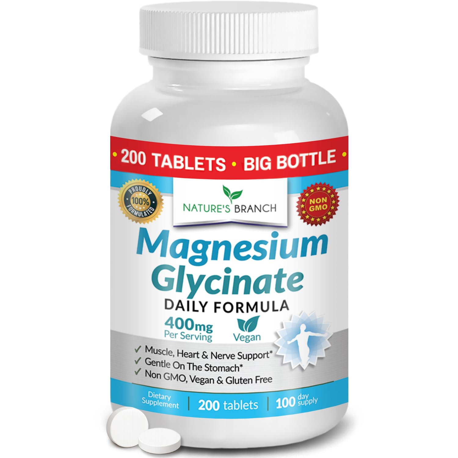 Magnesium Glycinate 400mg | 200 Tablets | High Absorption Mag Supplements for Sleep, Leg Cramps, Heart, Muscle, Calm | Non Buffered Bisglycinate, Extra Strength for Women and Men, Tablets Not Capsules NATURE'S BRANCHAu supplements