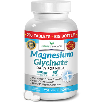 Magnesium Glycinate 400mg | 200 Tablets | High Absorption Mag Supplements for Sleep, Leg Cramps, Heart, Muscle, Calm | Non Buffered Bisglycinate, Extra Strength for Women and Men, Tablets Not Capsules NATURE'S BRANCHAu supplements