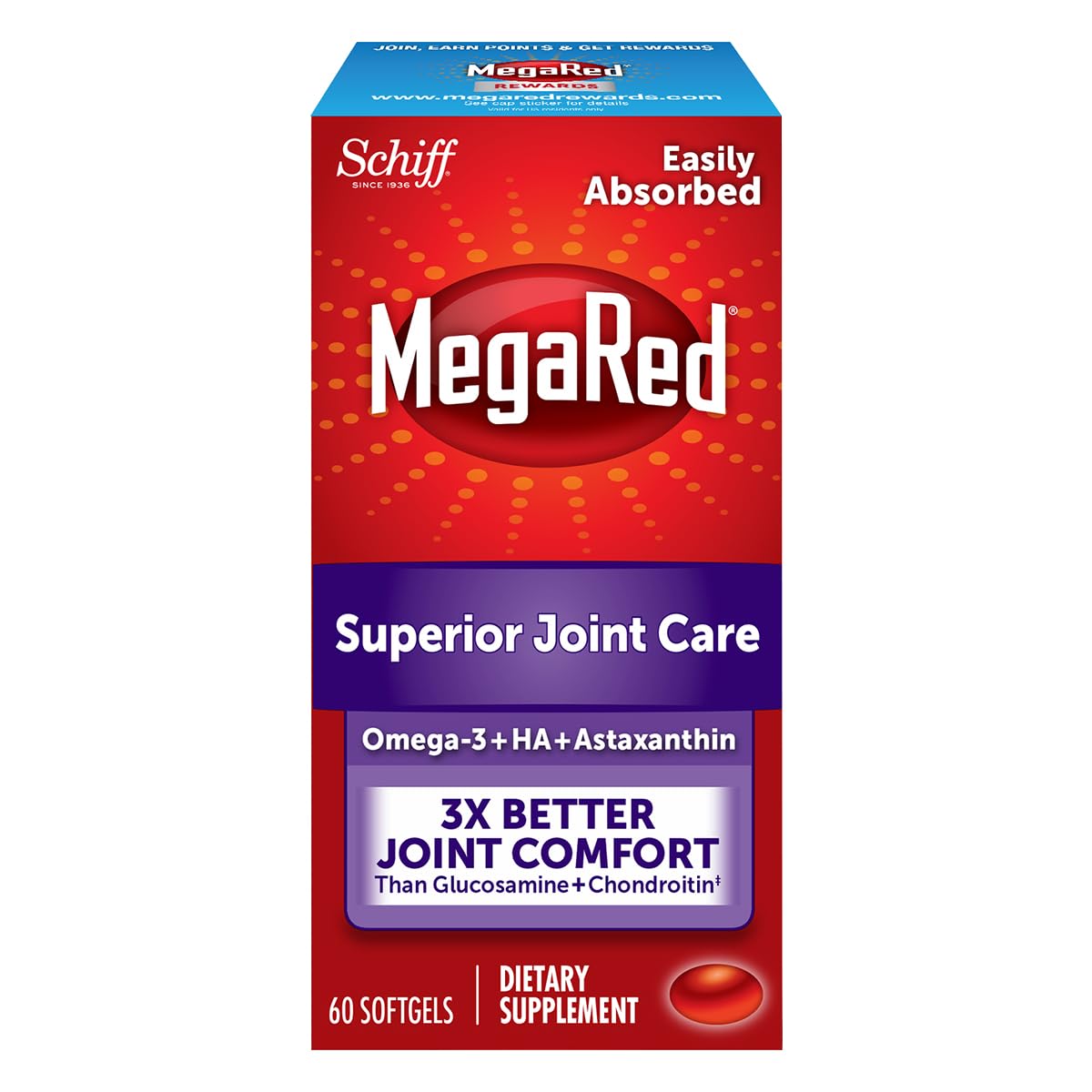 Omega-3 Krill Oil and Joint Supplement - Megared Joint Care 60 softgels - EPA/DHA fatty acids, Antioxidants, Hyaluronic acid, No fishy burp aftertaste as with Fish Oil MegaRedAu supplements