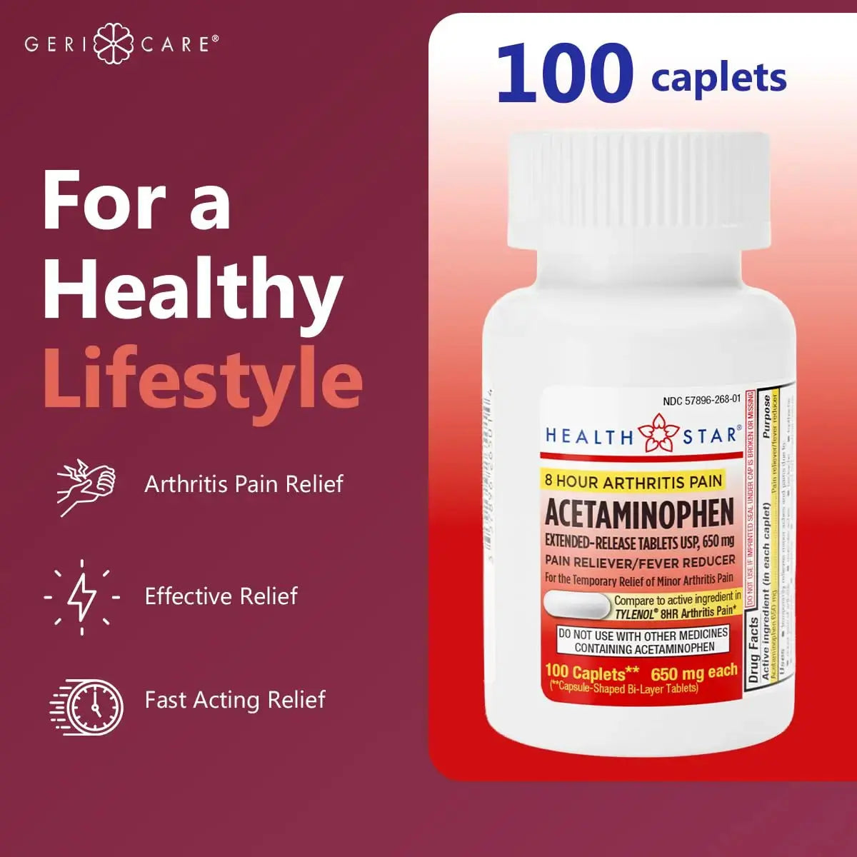 GeriCare Acetaminophen Extended-Release Arthritis 650mg Caplets, Pain Reliever, Arthritis Symptoms, Fever Reduction, 100 Count (Pack of 1) GeriCareAu supplements