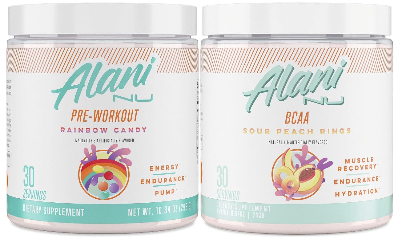 Alani Nu Rainbow Candy Pre Workout and BCAA Sour Peach Rings Post Workout Powder Alani NuAu supplements