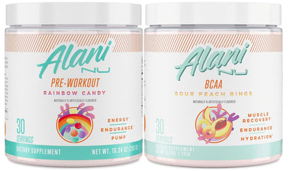 Alani Nu Rainbow Candy Pre Workout and BCAA Sour Peach Rings Post Workout Powder Alani NuUS supplements