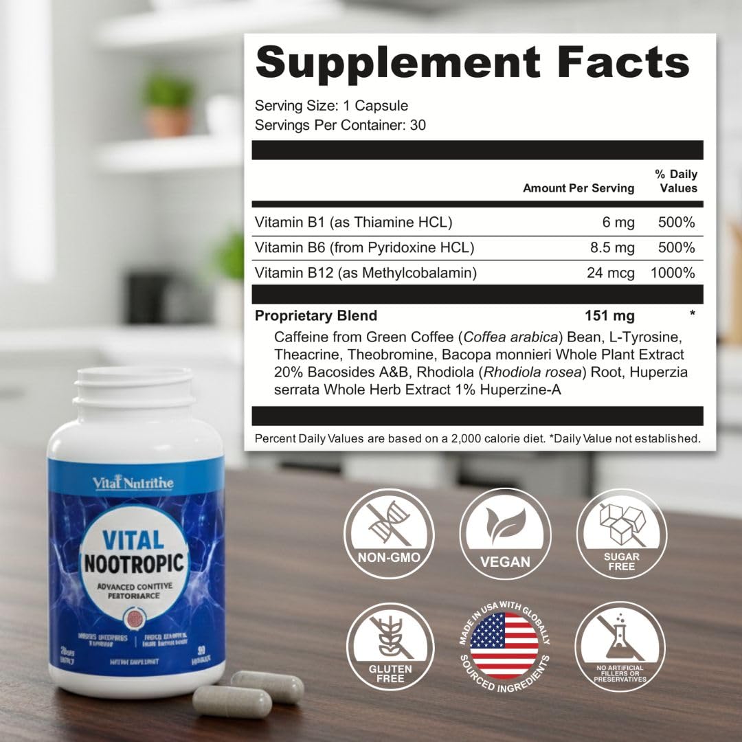 Vital Nootropic 12-in-1 Brain Supplement for Memory, Focus & Energy Support – L-Tyrosine, Bacopa, Rhodiola, Caffeine, B Vitamins – Cognitive Balance Capsules for Men & Women-30 Days Supply VITAL NUTRITIVEAu supplements
