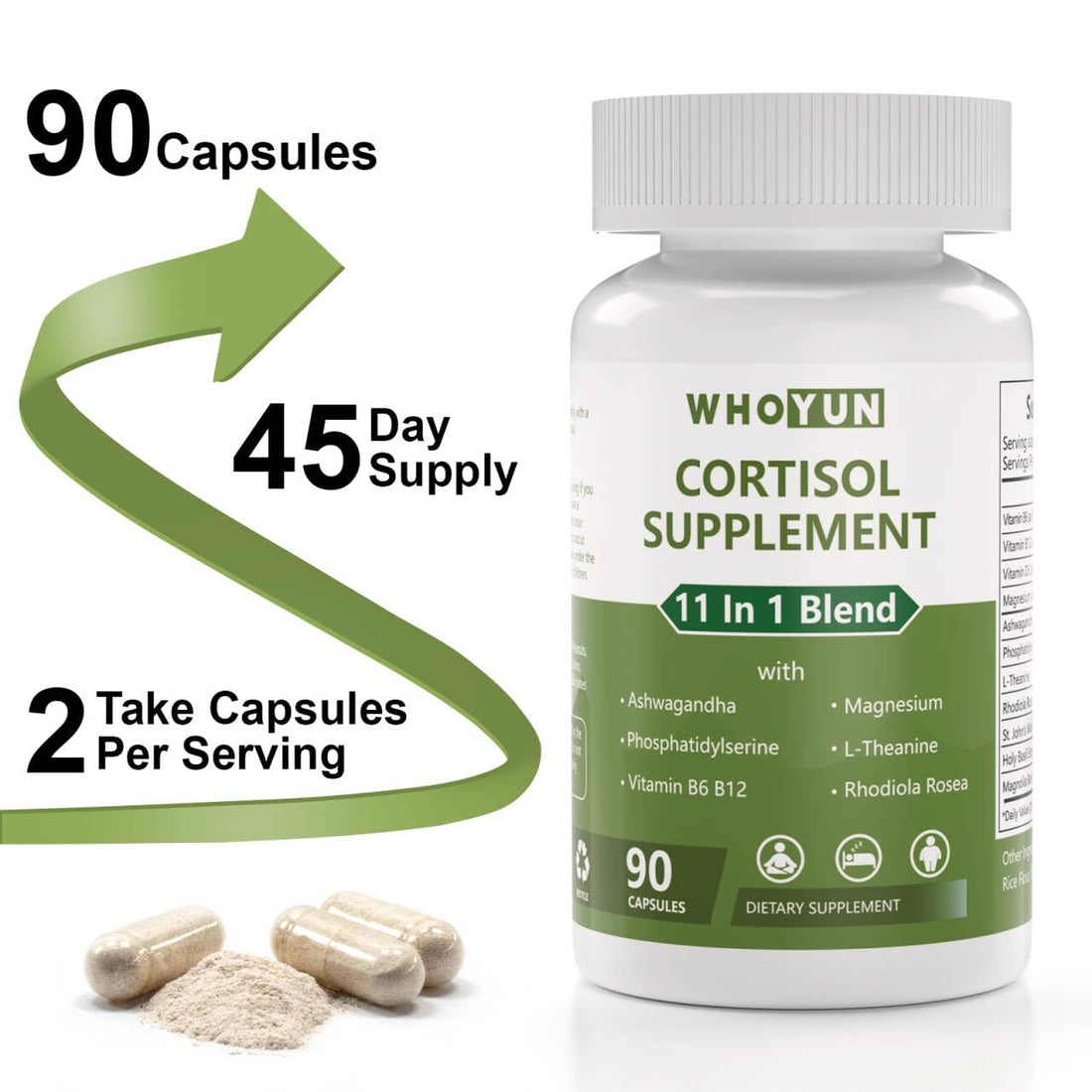 Whoyun Cortisol Supplement for Women, 11 in 1 Lower Cortisol Blend with Ashwagandha, Phosphatidylserine, Magnesium, L-Theanine, Vegan, 90 Capsules WhoyunAu supplements