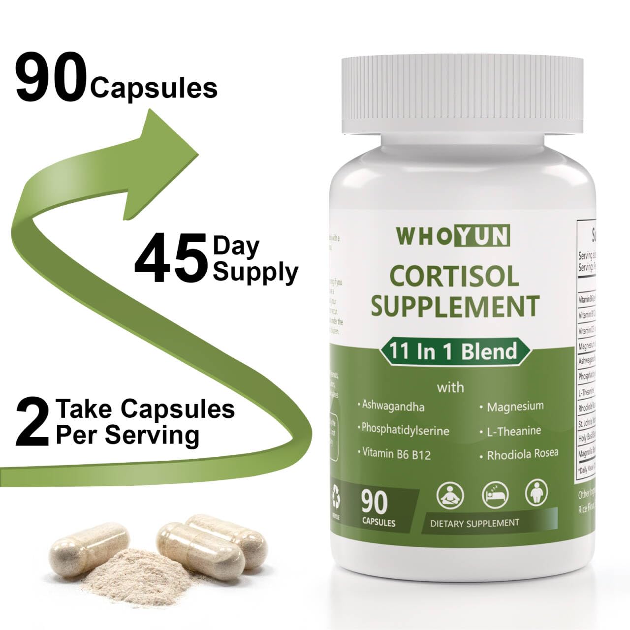 Whoyun Cortisol Supplement for Women, 11 in 1 Lower Cortisol Blend with Ashwagandha, Phosphatidylserine, Magnesium, L-Theanine, Vegan, 90 Capsules WhoyunAu supplements
