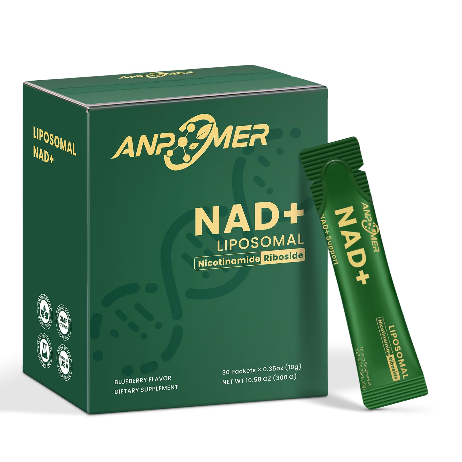 ANPOMER NAD Supplement with Liposomal Nicotinamide Riboside 600mg, Resveratrol, CoQ10, PQQ & D-Ribose, Electrolyte Blend, 30 Liquid Packets ANPOMERAu supplements