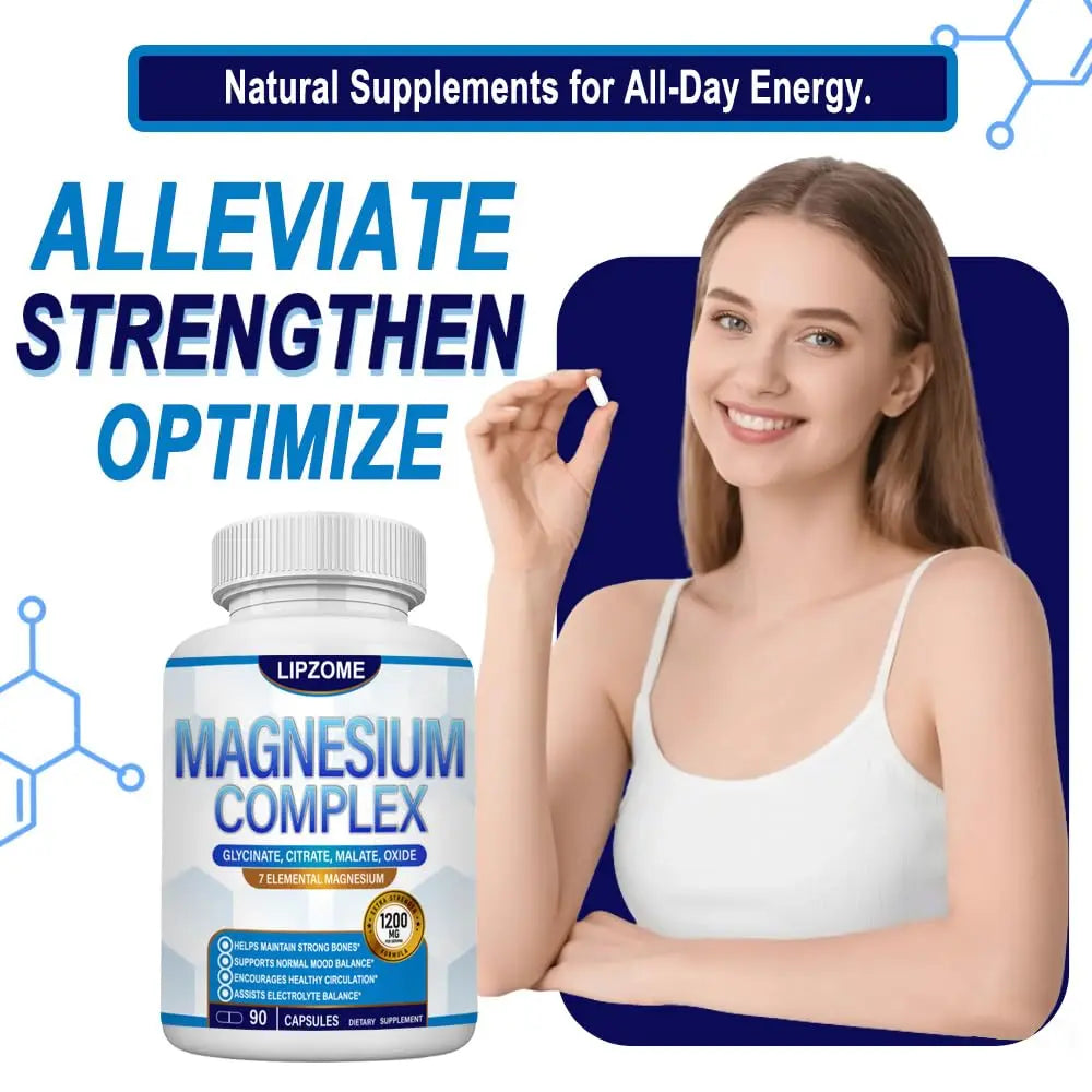 Magnesium Complex Supplement 1200mg - Advanced 7-in-1 Magnesium Blend - Glycinate, Citrate, Malate, Taurate, Oxide, Aspartate, Orotate – High Absorption Formula – Non-GMO, 90 Capsules Lipzomenz supplements