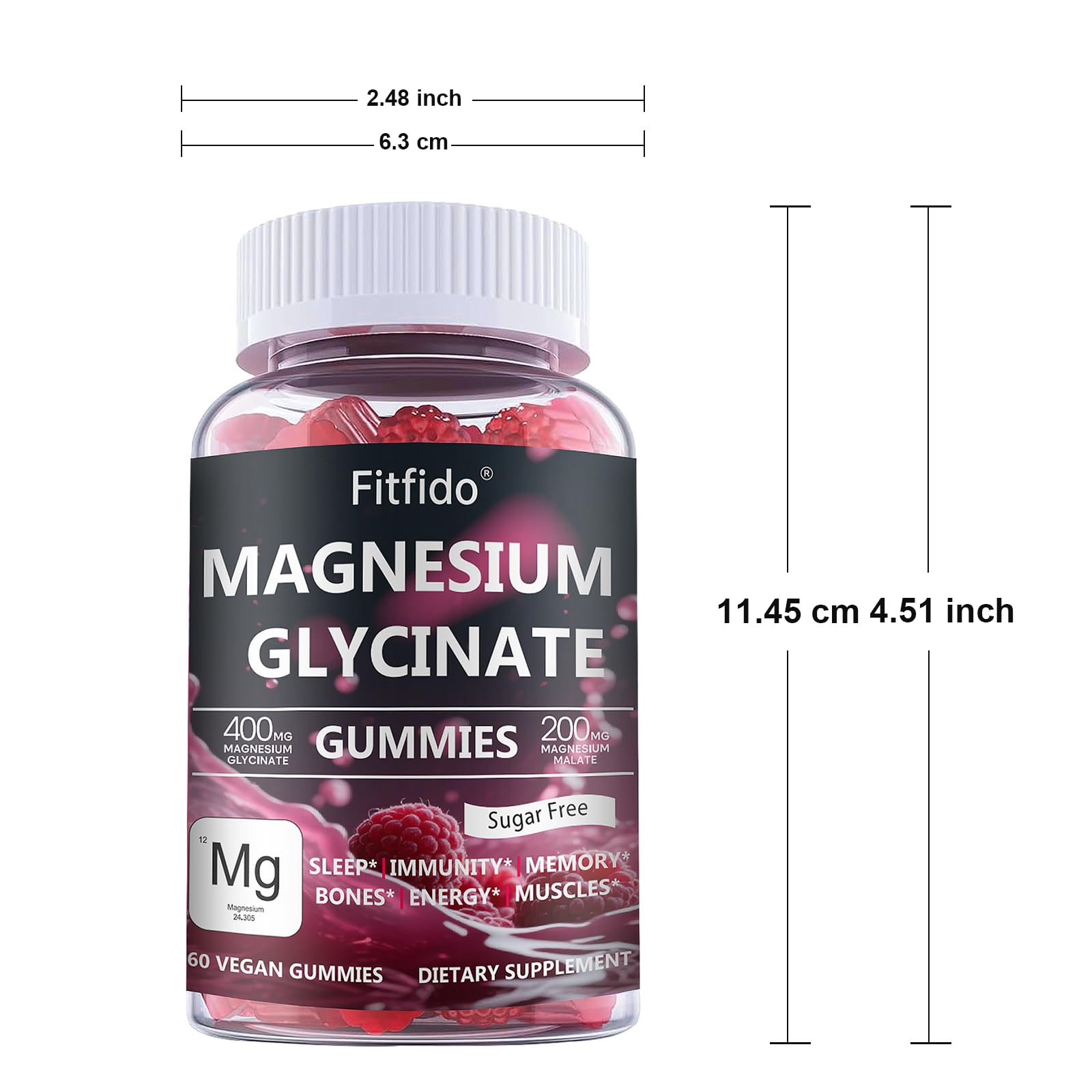Magnesium Glycinate Gummies 400mg, Chewable Sugar Free Magnesium Supplement with Magnesium Glycinate, Magnesium Malate and Protein for Sleep, Relaxation, Brain & Muscle - Vegan (60 Count, Raspberry) FitfidoAu supplements