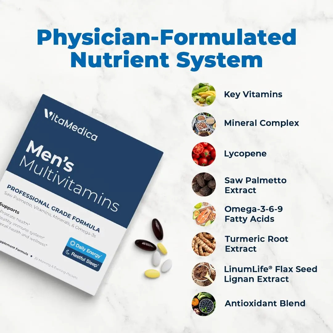 VitaMedica Men’s Multivitamin with Prostate Health Support | Vitamins, Minerals, Omega3s and Saw Palmetto | Box of 30 Easy Daily Packs | VitaMedicaAu supplements