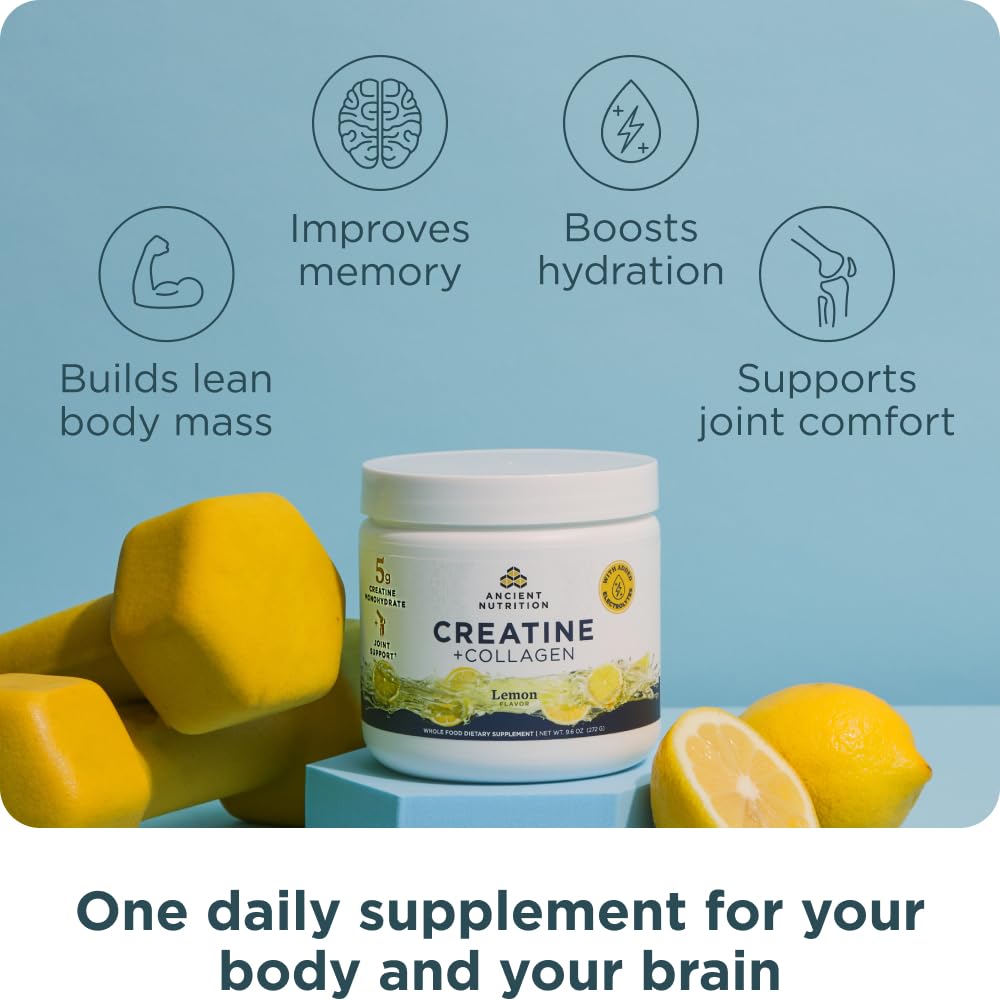 Ancient Nutrition Creatine + Collagen – Muscle Strength, Lean Body Mass, Joint Comfort & Cognitive Support – Includes 5g Creatine Monohydrate for Women + Electrolytes, Lemon, 30 Servings Ancient NutritionAu supplements