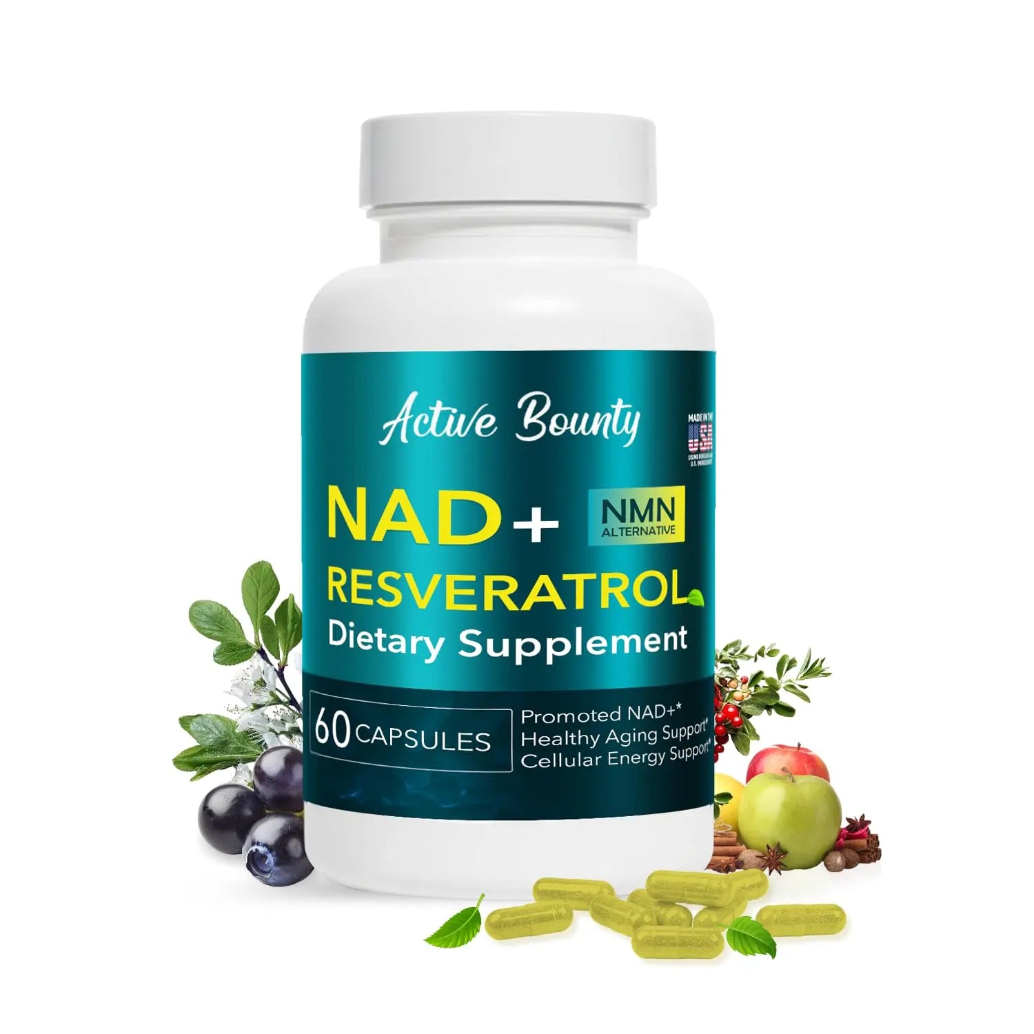 NAD+ Resveratrol Supplement with Quercetin – NMN Alternative for Cellular Energy Support, Focus & Healthy Aging – High Potency 500mg NAD+ Formula, Vegan, Non-GMO, Gluten-Free, Made in USA, 60 Capsules Active BountyAu supplements