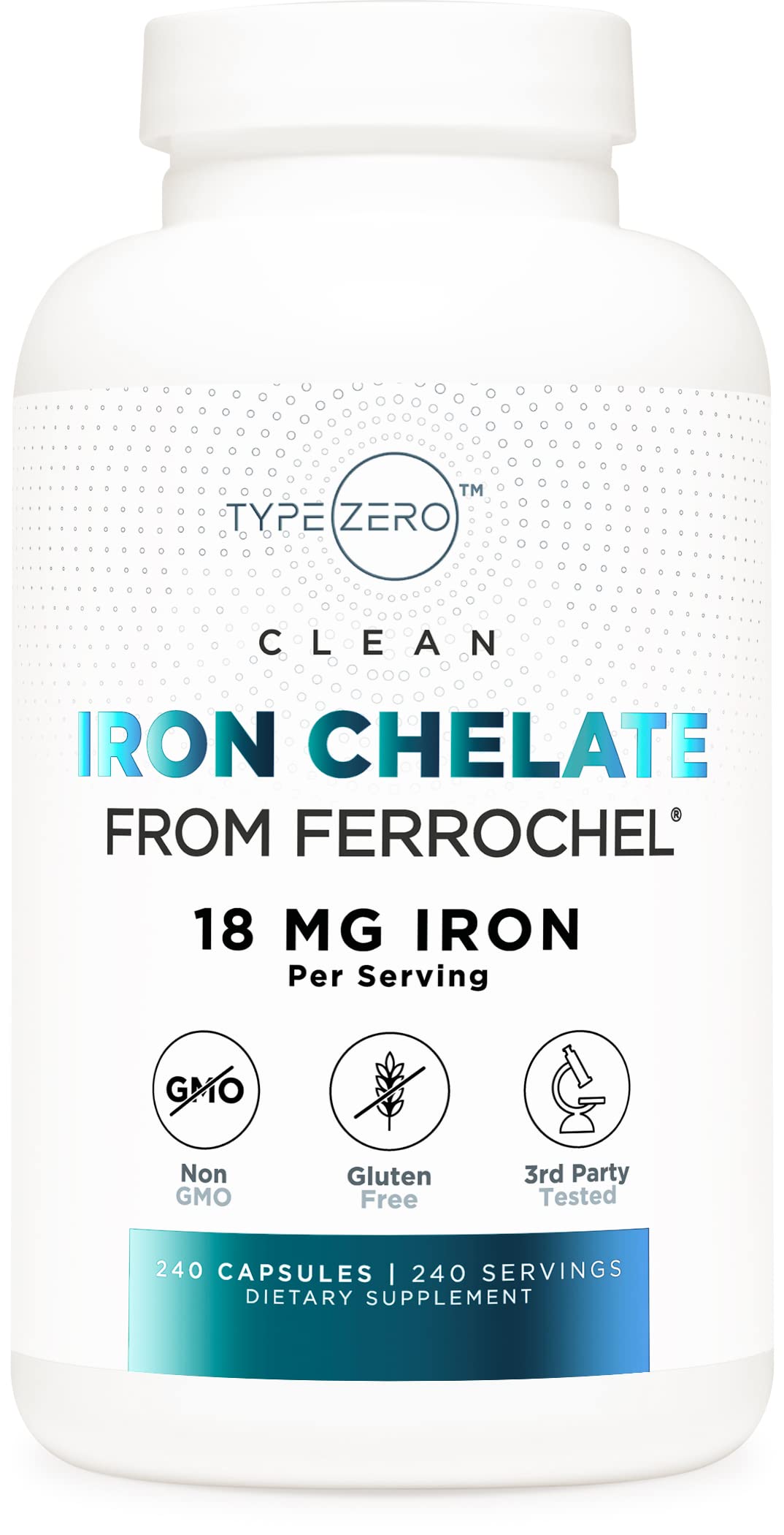 Type Zero Iron Chelate Capsules (18 MG, 240 CAPS) from Ferrochel Ferrous Bisglycinate Chelate - Non-GMO and Gluten Free Type ZeroUS supplements