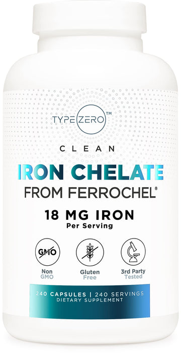 Type Zero Iron Chelate Capsules (18 MG, 240 CAPS) from Ferrochel Ferrous Bisglycinate Chelate - Non-GMO and Gluten Free Type ZeroUS supplements