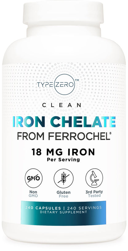Type Zero Iron Chelate Capsules (18 MG, 240 CAPS) from Ferrochel Ferrous Bisglycinate Chelate - Non-GMO and Gluten Free Type ZeroUS supplements