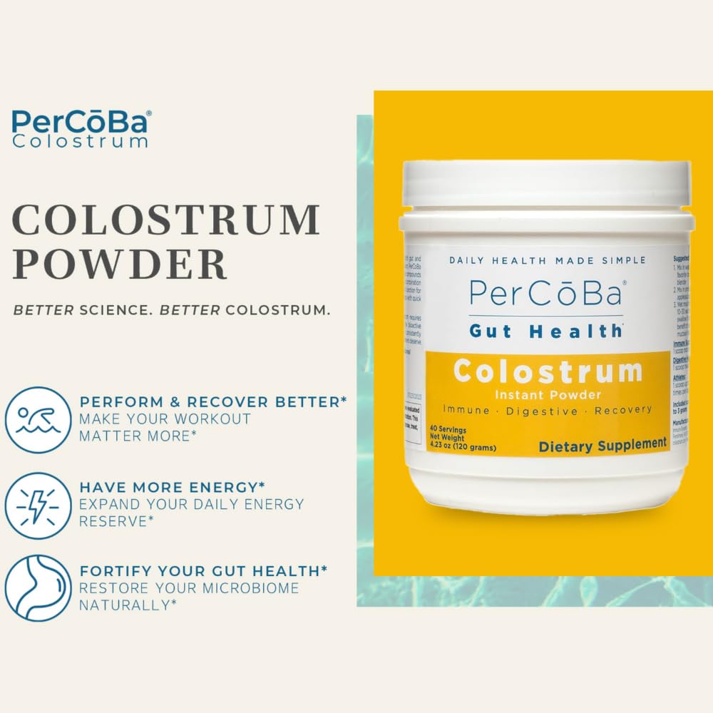 Colostrum Supplement for Gut Health, Bloating, Hair Growth, Muscle Recovery, Immune Support - Unflavored Bovine Colostrum Powder Made in USA, Non-GMO, Gluten Free, 120 Grams Per Serving - 40 Servings PERCOBAAu supplements