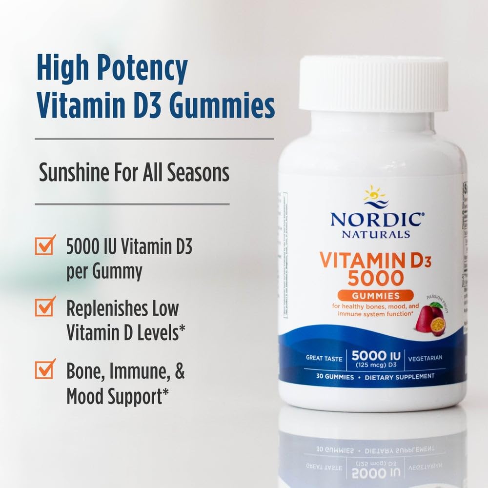Nordic Naturals Vitamin D3 5000 Gummies, Passion Fruit - 30 Gummies - Support for Healthy Bones, Mood, & Immune System - Vegetarian - Non-GMO - 30 Servings Nordic NaturalsAu supplements