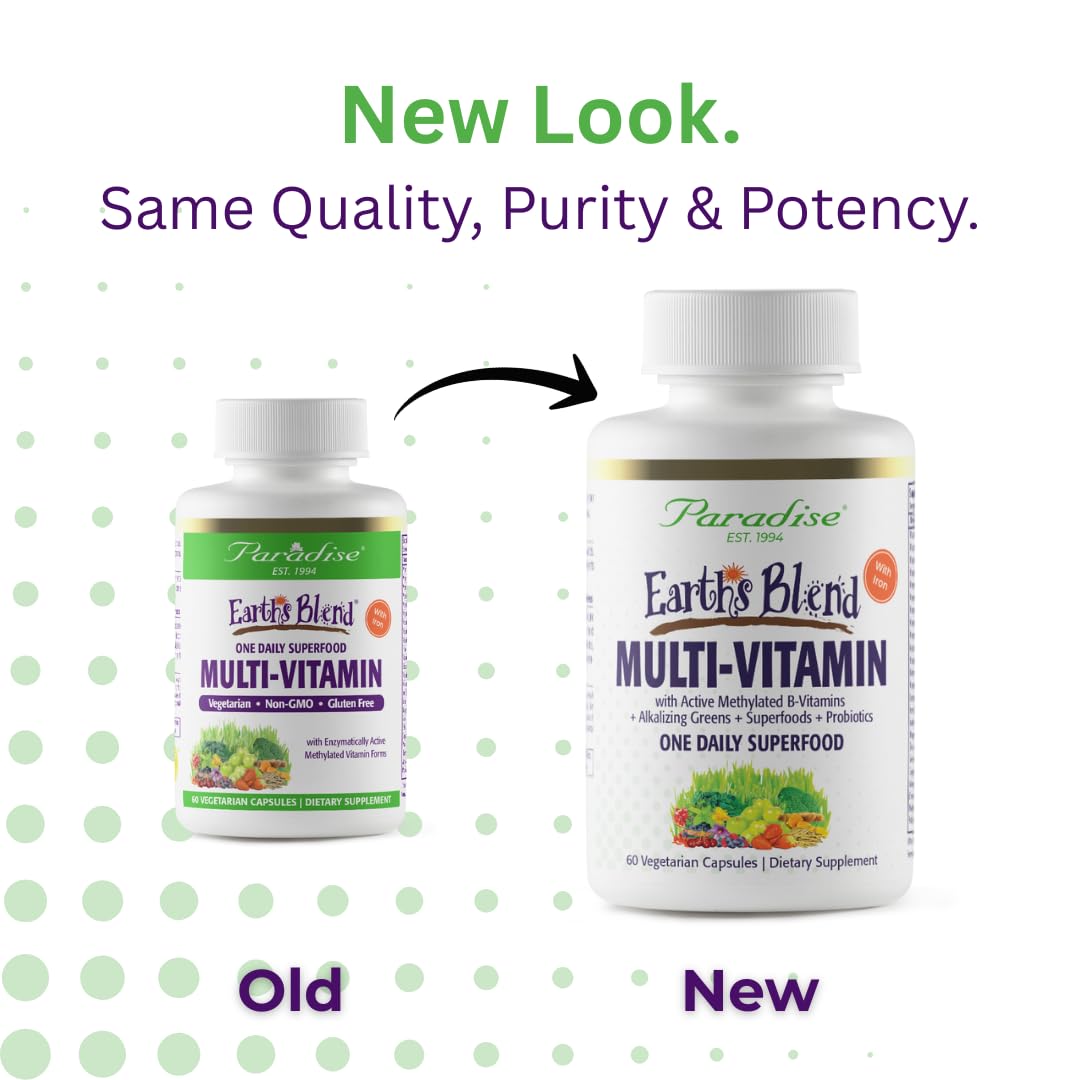 Paradise Herbs Earth's Blend Once Daily Multivitamin with Iron, 48 Organic Superfoods, Probiotics, Antioxidants, Vitamins A, B12, C, D, K2, 60 Capsules Paradise HerbsAu supplements