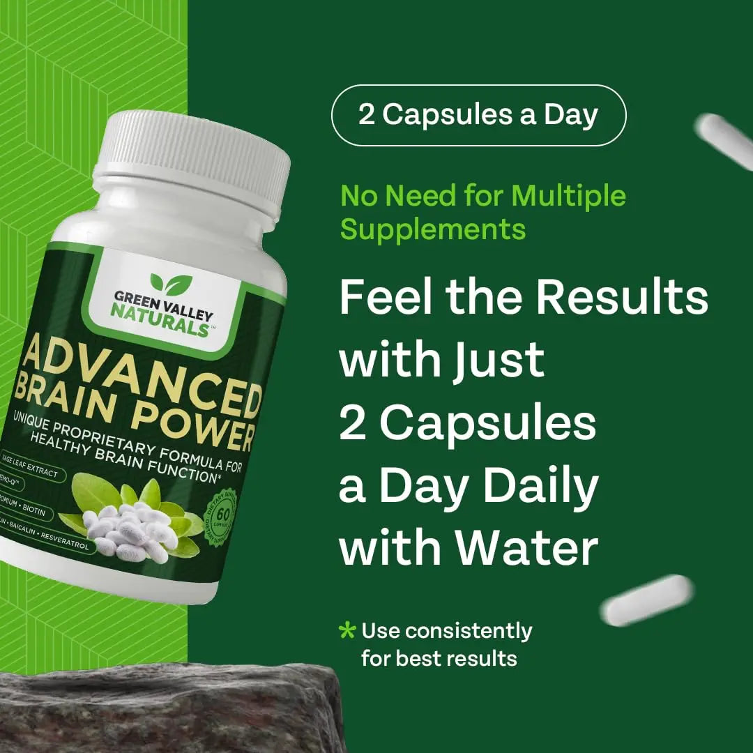 GREEN VALLEY NATURALS - Advanced Brain Power - Supports Healthy, Normal Brain Function, Focus and Concentration, clinically formulated to Support Healthy Brain Clarity. (1 Bottle, 60, Count) GREEN VALLEY NATURALSAu supplements