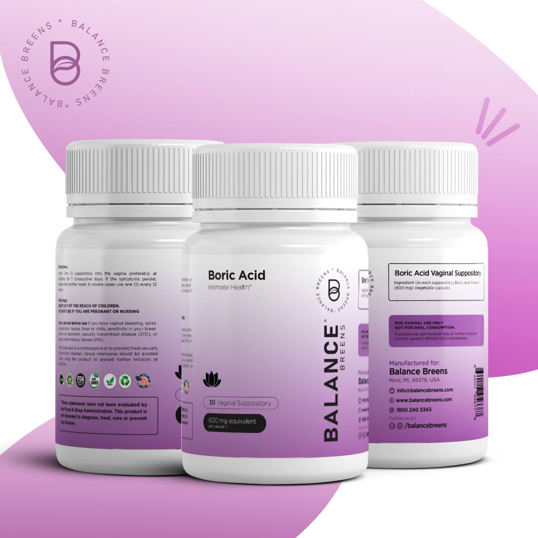 Boric Acid Suppositories for Women 600 mg - 30 Vaginal Use Capsules - ph Balance Pills, Odor Control BalancebreensAu supplements