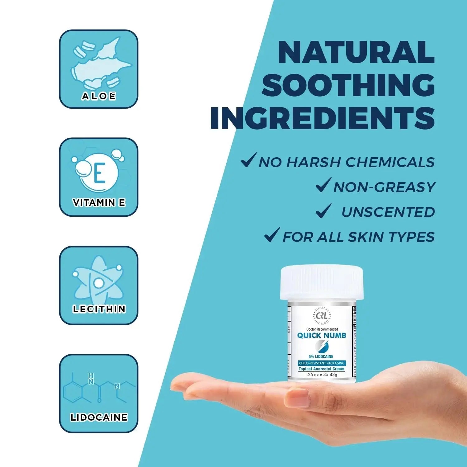 Quick Numb 5% Lidocaine Cream Maximum Strength Liposomal, Fast Itch Burn Pain Relief Cream with Aloe Allantoin Vitamin E, Gentle on Skin Support Healing Hemorrhoid Treatment 1.25 oz Clinical ResolutionAu supplements