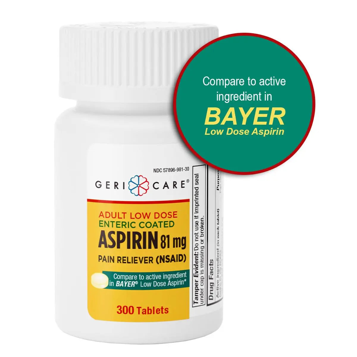 GeriCare Aspirin 81mg Adult Low Dose, Pain Reliever - Enteric Coated Tablets for Enhanced Absorption and Gentle Digestion – Supports Blood Flow, Reduces Inflammation, 300 Count (Pack of 1) GeriCareAu supplements