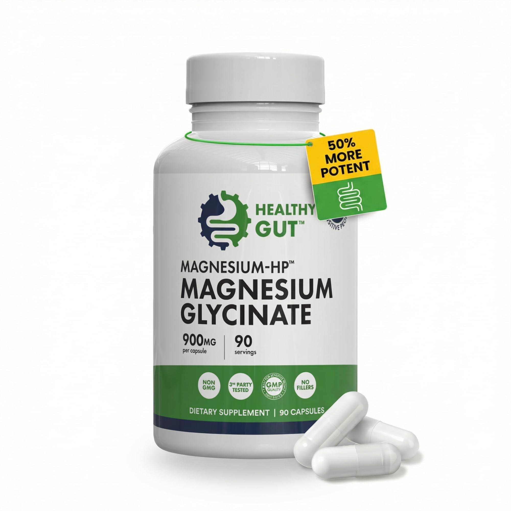 Healthy Gut Magnesium-HP | Ultra Pure Magnesium Glycinate Capsules with Zero Fillers | 180 mg Magnesium Glycinate | 90 Servings Healthy GutAu supplements