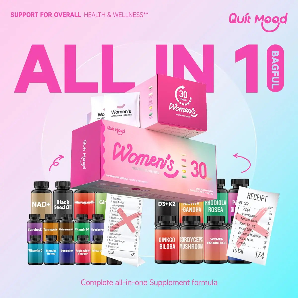 Multivitamin for Women Daily Vitamin Packs for 30 plus with Ashwagandha, D3 + K2, Probiotics&NR 1000 | Supplement for Beauty, Stress Relief Quit moodAu supplements