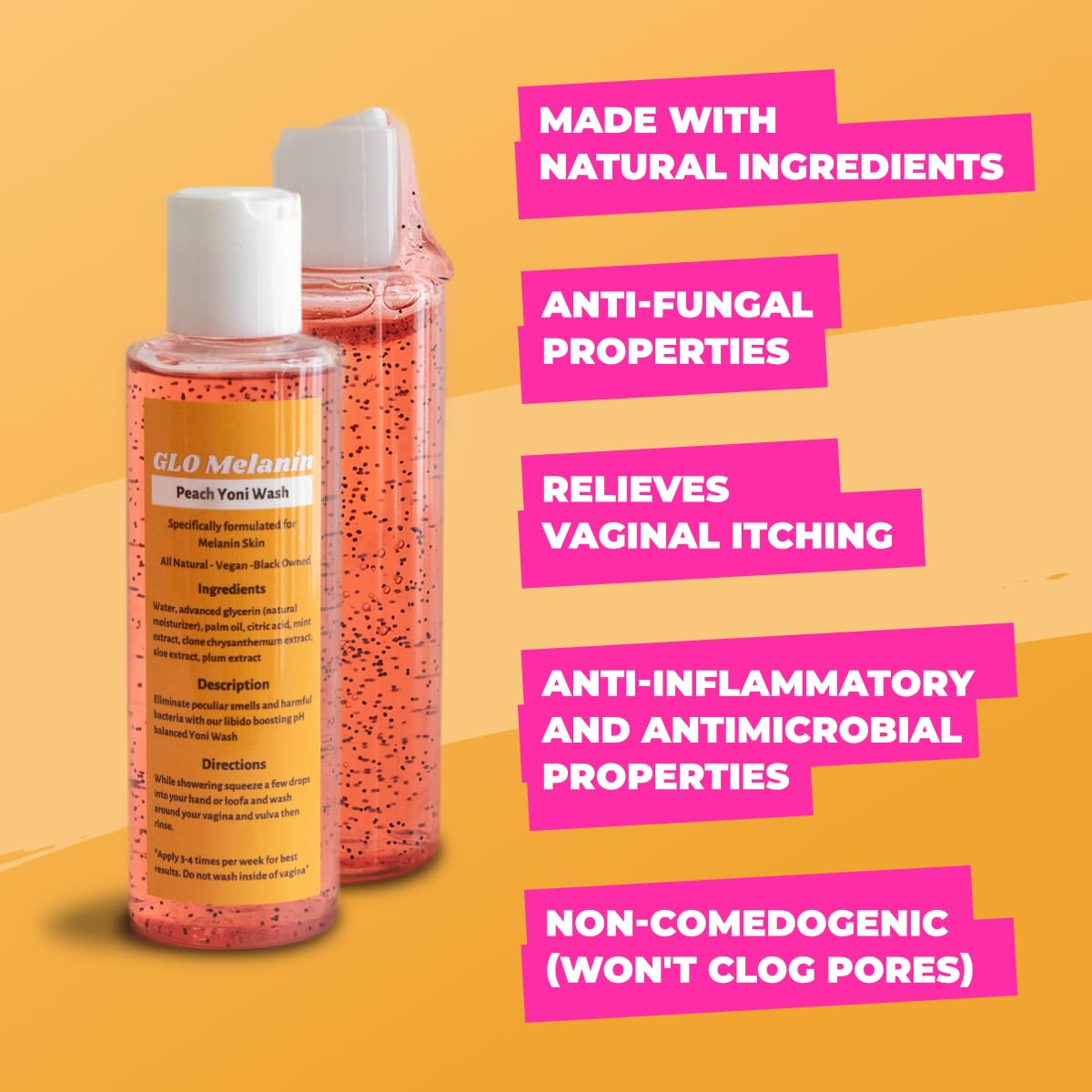 GLO Melanin Peach Yoni Wash with Aloe Vera, All Natural Feminine Wash for Women pH Balance Glo MelaninAu supplements