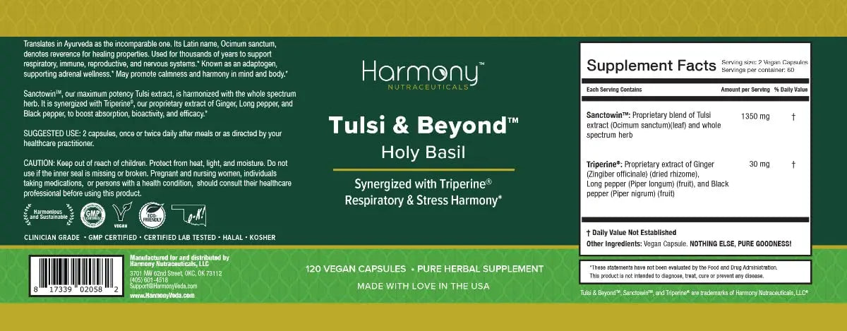 Tulsi - Holy Basil Supplement - Highest Potency, Maximum bio-availabilty, Made with Organic Herbs (Vegetarian Capsules, 120 Count) Harmony Nutraceuticalsnz supplements