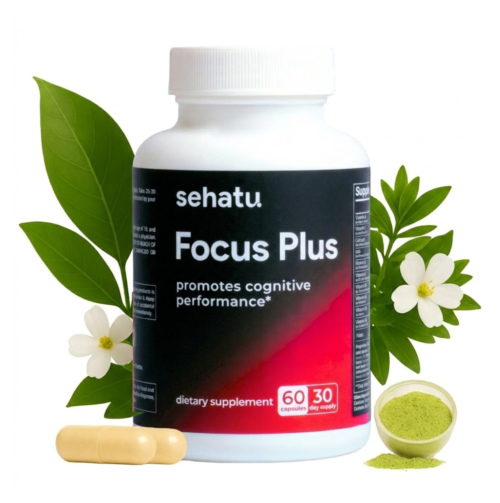 SEHATU Focus Plus Cognitive Performance Enhancer | with N-Acetyl L-Tyrosine, DMAE Bitartrate, GABA, Glutamic Acid | Boosts Focus, Enhances Memory, Supports Brain Health | 60 Count | 30 Day Supply SEHATUAu supplements