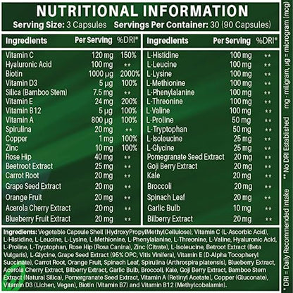 Vegan Collagen Supplement For Skin, Hair, Nails, Joints & Bones with Hyaluronic Acid, Biotin, Lysine, Bamboo Silica, Zinc, Vitamin C, D3, B12, E NUTRABYTESUS supplements