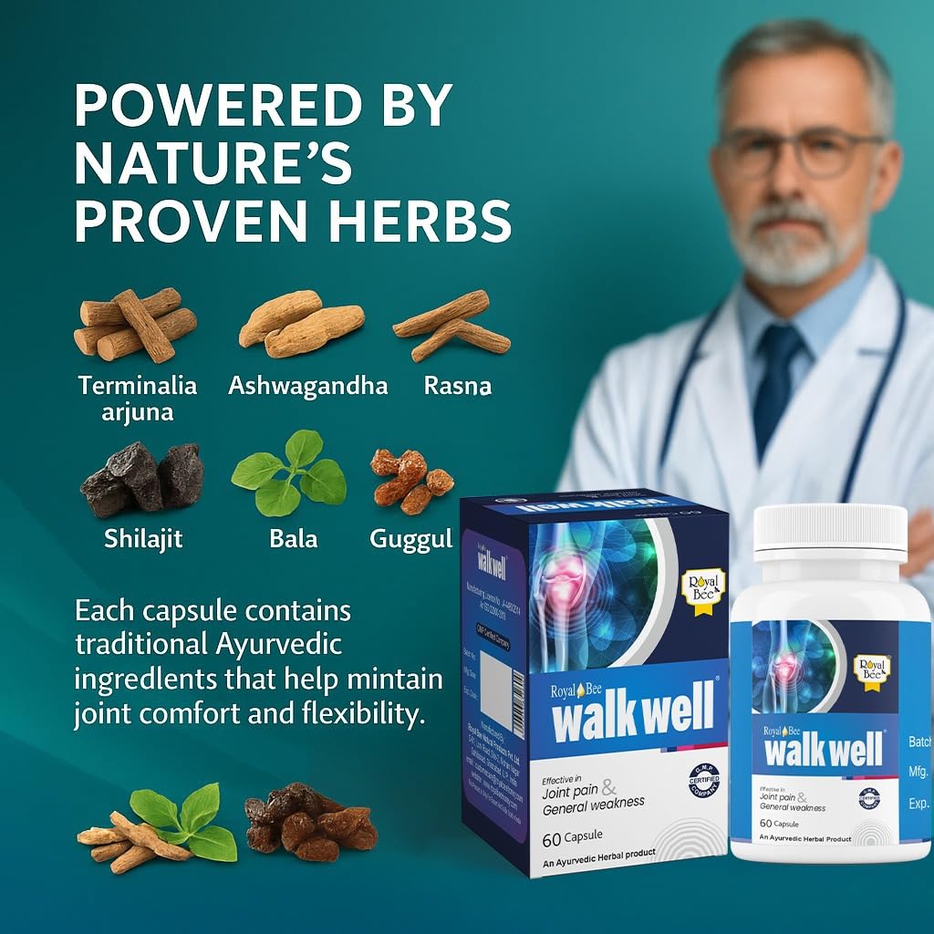 Royal Bee Walkwell Capsules – 60 Capsules – Supports Joint Pain & Inflammation Relief · Useful in Osteoarthritis · Promotes Flexibility & Mobility · Clinically Studied Herbal Ingredients GenericAu supplements