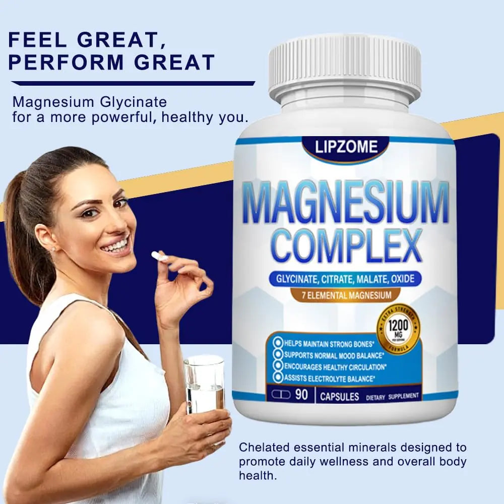 Magnesium Complex Supplement 1200mg - Advanced 7-in-1 Magnesium Blend - Glycinate, Citrate, Malate, Taurate, Oxide, Aspartate, Orotate – High Absorption Formula – Non-GMO, 90 Capsules Lipzomenz supplements