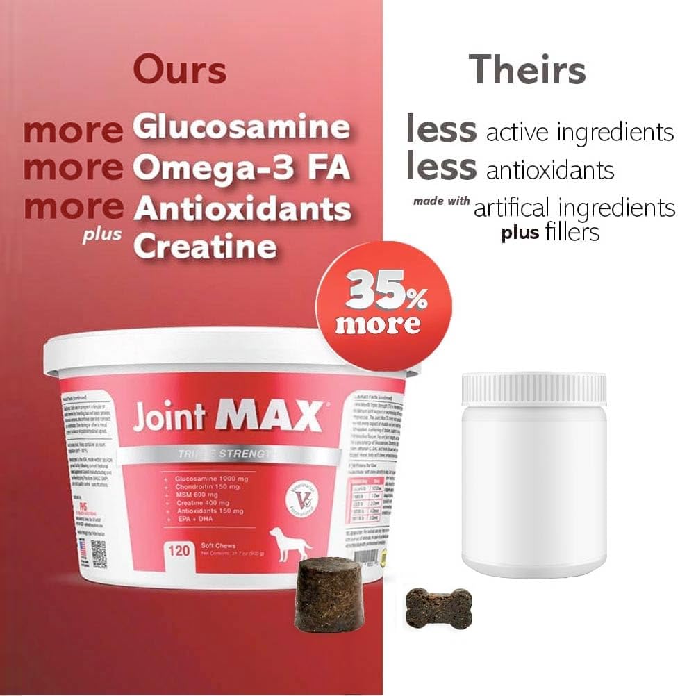 Joint Max TS Joint Supplement Vet Formulated Pain & Inflammation Relief Treats Hip Dysplasia & Arthritis, Glucosamine, Chondroitin, Turmeric, MSM, HA, Creatine, Omega 3 EPA + DHA.120 Soft Chews Joint MaxAu supplements