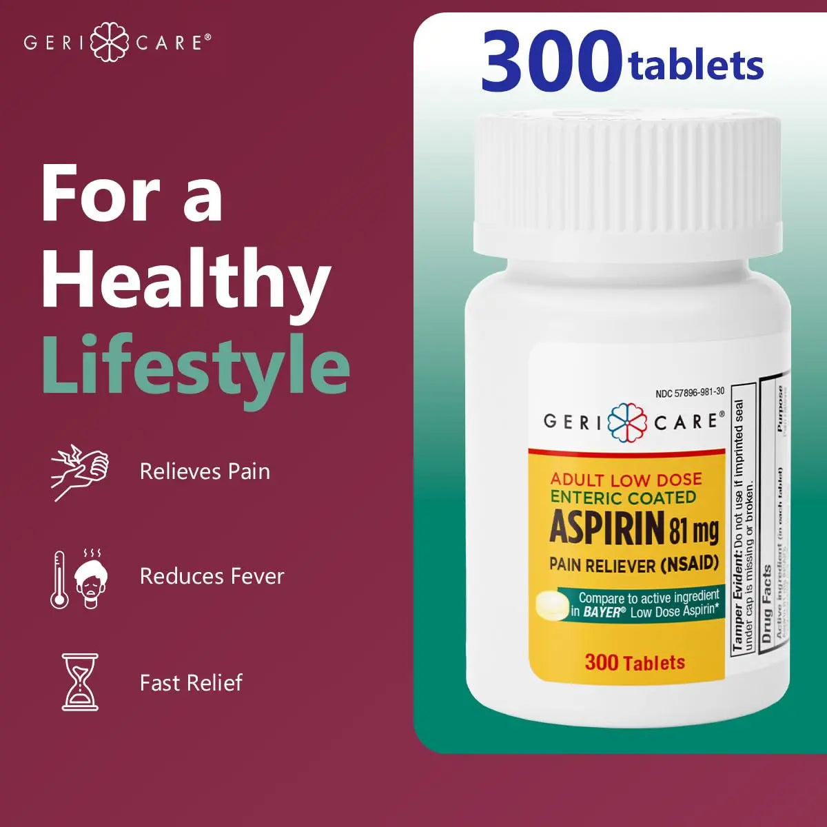 GeriCare Aspirin 81mg Adult Low Dose, Pain Reliever - Enteric Coated Tablets for Enhanced Absorption and Gentle Digestion – Supports Blood Flow, Reduces Inflammation, 300 Count (Pack of 1) GeriCareAu supplements