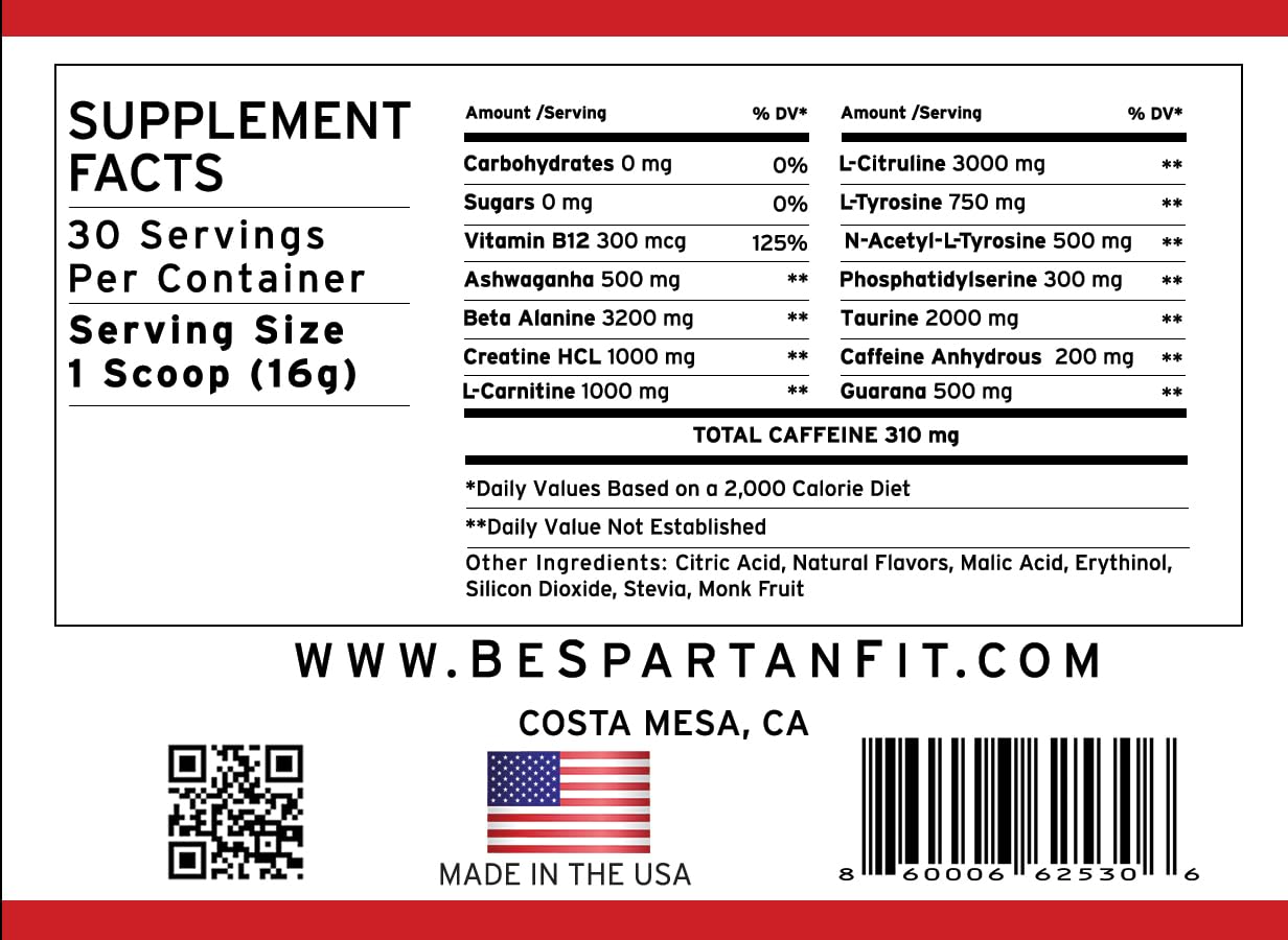 Spartan Fit Nutrition Pre-Workout Powder -Berry Flavor with Full Serving of Creatine +310mg GenericAu supplements
