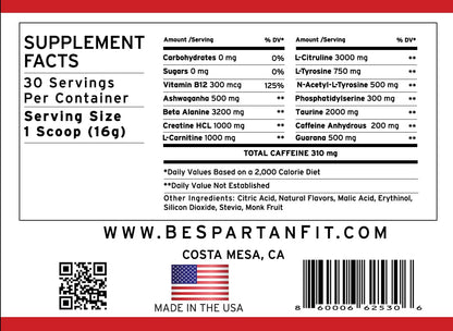 Spartan Fit Nutrition Pre-Workout Powder -Berry Flavor with Full Serving of Creatine +310mg GenericUS supplements