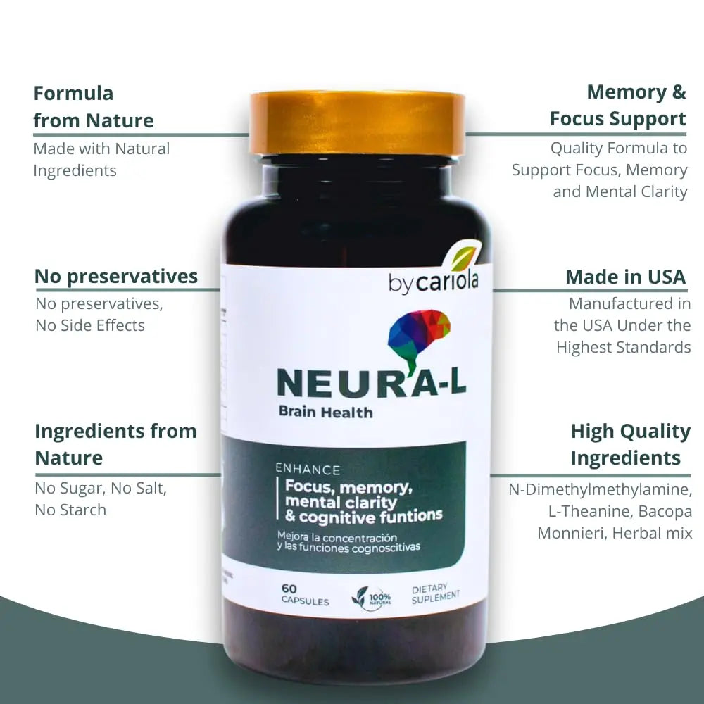 BY CARIOLA Neural-L Natural Brain Support Supplement 60 Caps - Mental Support – Memory Booster - Concentration - Natural Formula - Ashwagandha - L-Tyrosine - L-Theanine BY CARIOLAnz supplements