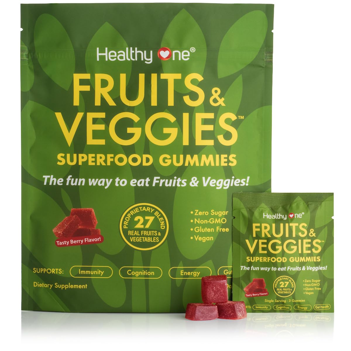 Fruits & Veggies Sugar-Free Gummies - 27 Whole Foods - Equals 3 Servings of Fruits & Vegetables - Improve Energy, Focus & Immune Function - Fiber - Antioxidants - Organic Ingredients - 28 Packets Healthy OneAu supplements