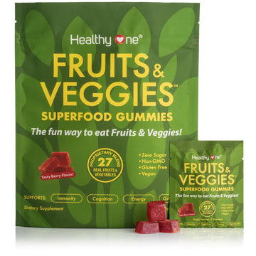 Fruits & Veggies Sugar-Free Gummies - 27 Whole Foods - Equals 3 Servings of Fruits & Vegetables - Improve Energy, Focus & Immune Function - Fiber - Antioxidants - Organic Ingredients - 28 Packets Healthy OneAu supplements