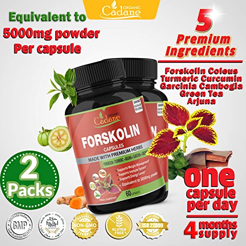 2 Packs Organic Forskolin Supplements Capsules 5000mg with Turmeric, Arjuna, Garcinia Cambogia Organic CadaneAu supplements